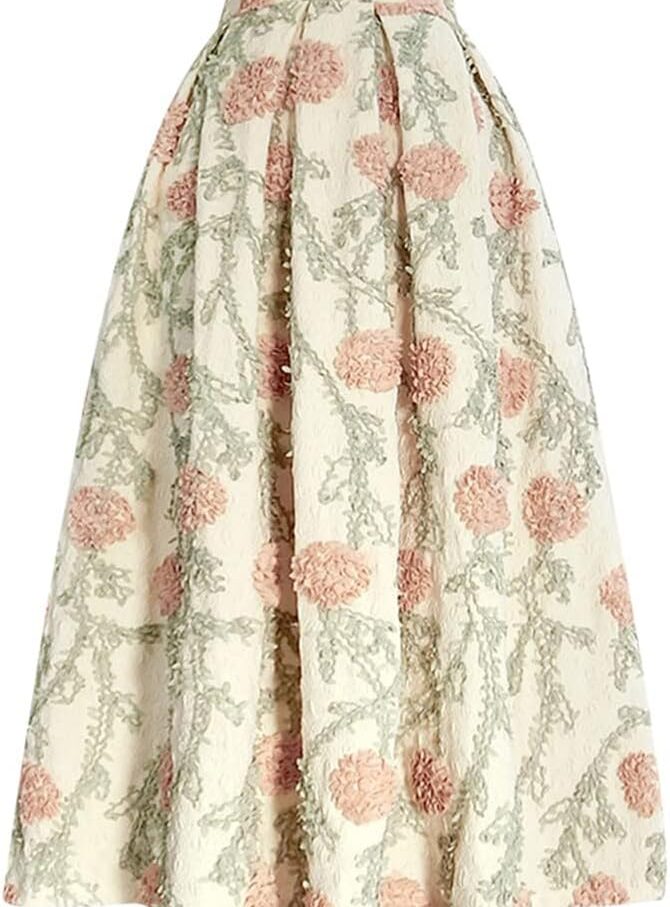 Casual High Waist Paisley Print Long Skirts for Women High Waist Flower Embroidery A-Line Pleated Skirt
