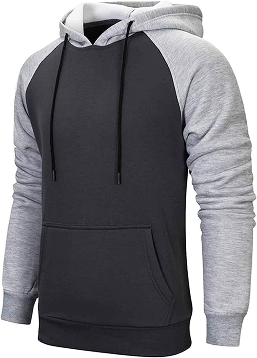 Men's Hoodies Patchwork Pullover Fleece Color Block Long Sleeve Sweatshirts Casual Drawstring Tops with Pocket