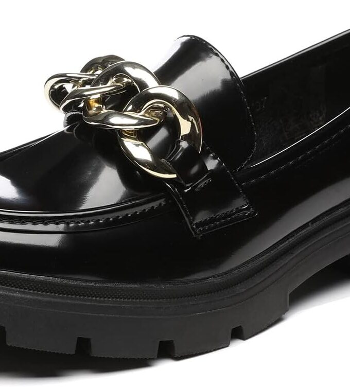 Women's Chunky Platform Loafers with Chain or Buckle Patent Leather Black Penny Loafers Fashion Office Shoes School Dress Shoes Comfort Slip-on