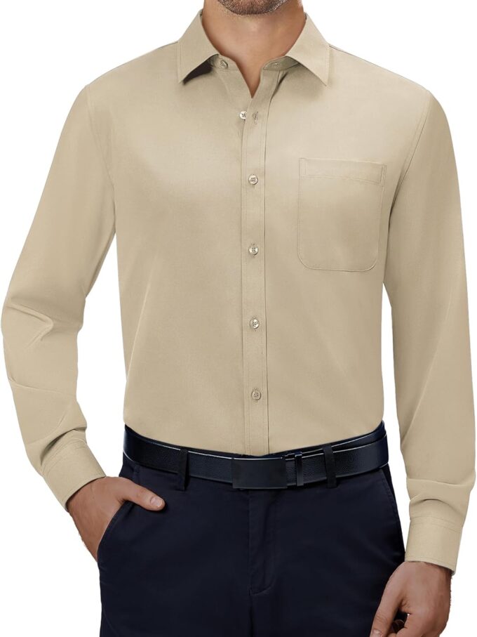 Men Dress Shirts 4-Way Stretch Long Sleeve Collared Casual Solid Wedding Dating Button Down Shirt