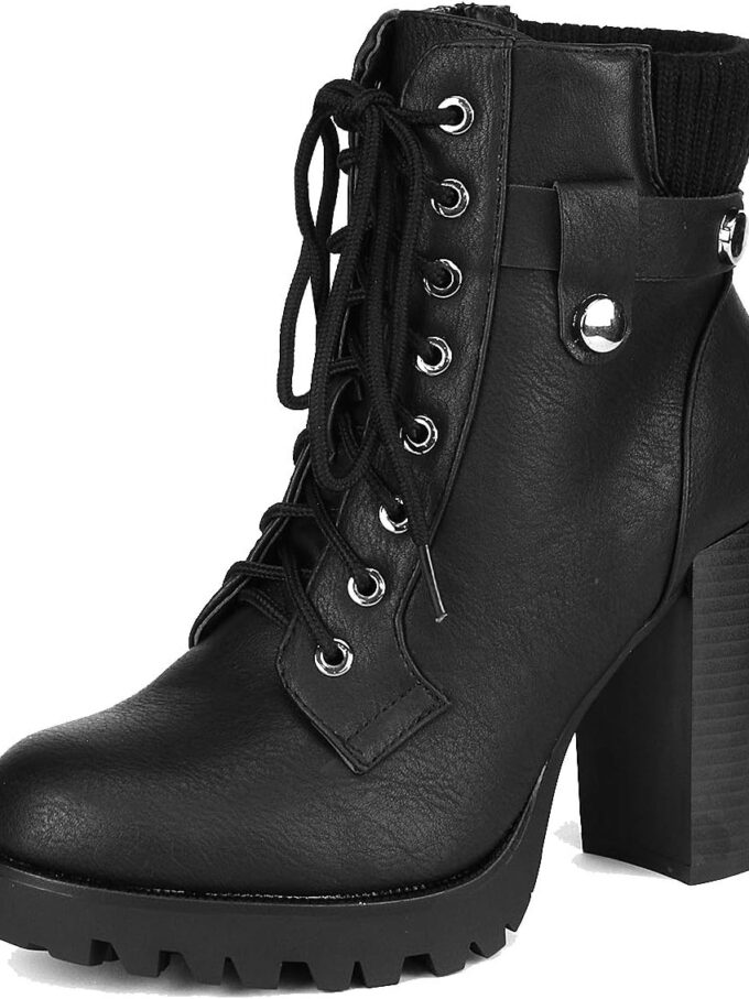 Women's Lace up Combat Ankle Boots High Chunky Heel Fashion Heeled Booties Shoes