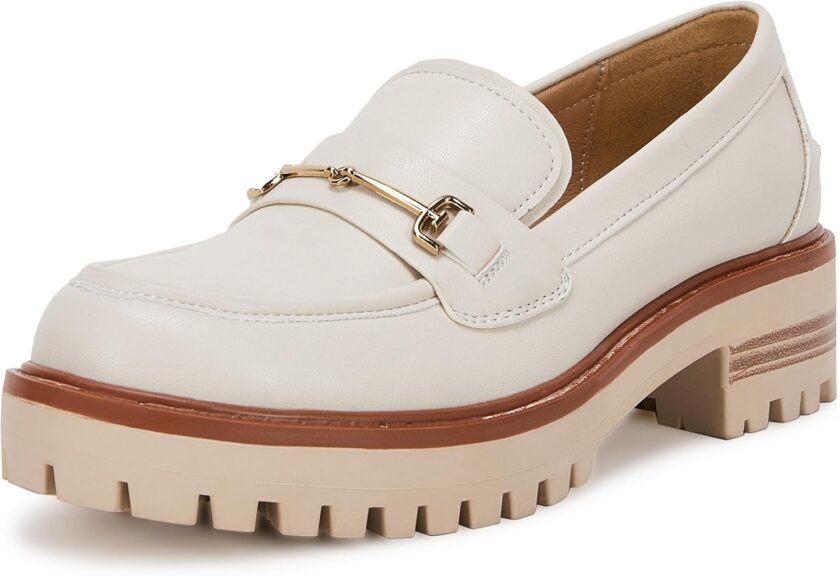 Women's Lug Sole Platform Mid Chunky Heel Loafers Classic Round Toe Slip On Office Uniform Oxfords Shoes with Metal Chain