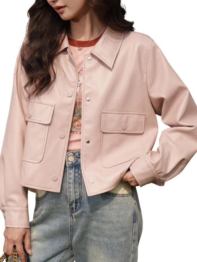 Women’s Pink Genuine Sheepskin Shirt Collar Spring Korean Fashion Casual Classic Wide Waist Leather Jacket