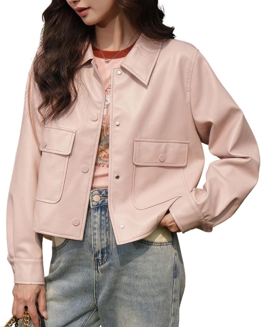 Women’s Pink Genuine Sheepskin Shirt Collar Spring Korean Fashion Casual Classic Wide Waist Leather Jacket