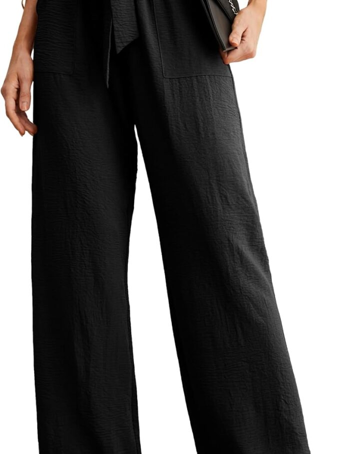 Women Wide Leg Pants with Pockets High Waist Adjustable Knot Loose Casual Trousers Business Work Casual Pants