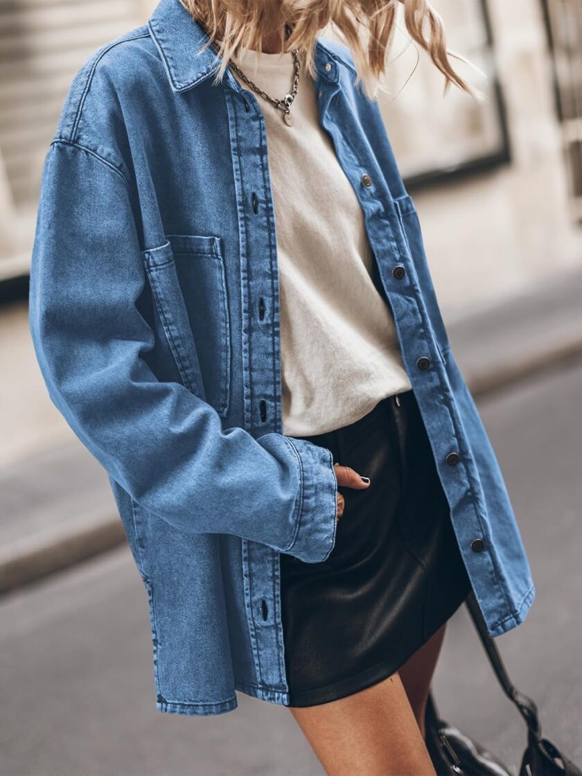 Women d Jean Jacket Casual Button Up Denim Overshirt Trendy Long Sleeve Denim Jacket Coat - Image 2