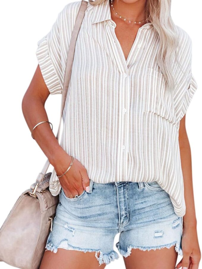 Women Button Down Shirts Short Sleeve Summer Linen V Neck Collared Stripes Casual Blouses Tops with Pocket