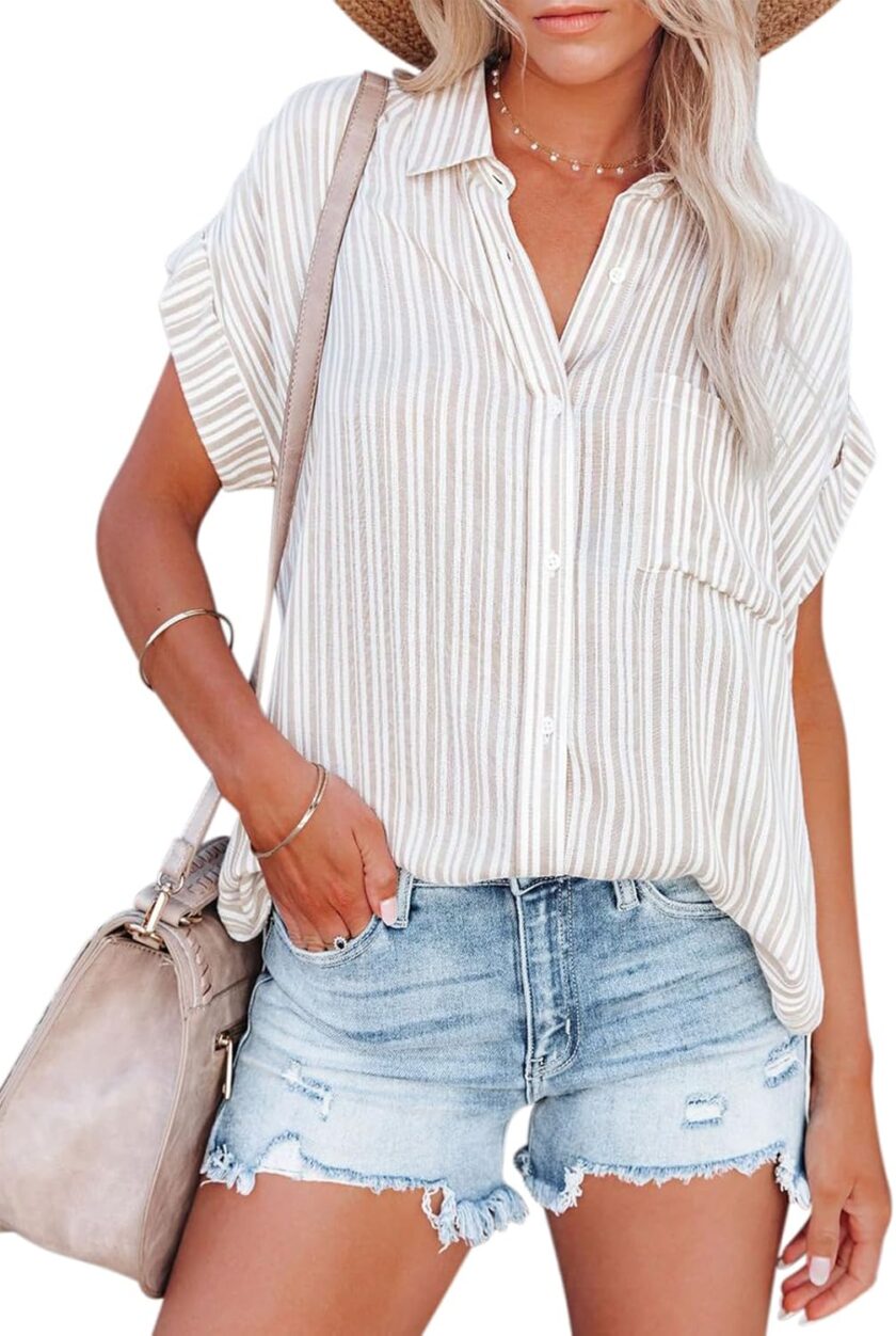 Women Button Down Shirts Short Sleeve Summer Linen V Neck Collared Stripes Casual Blouses Tops with Pocket
