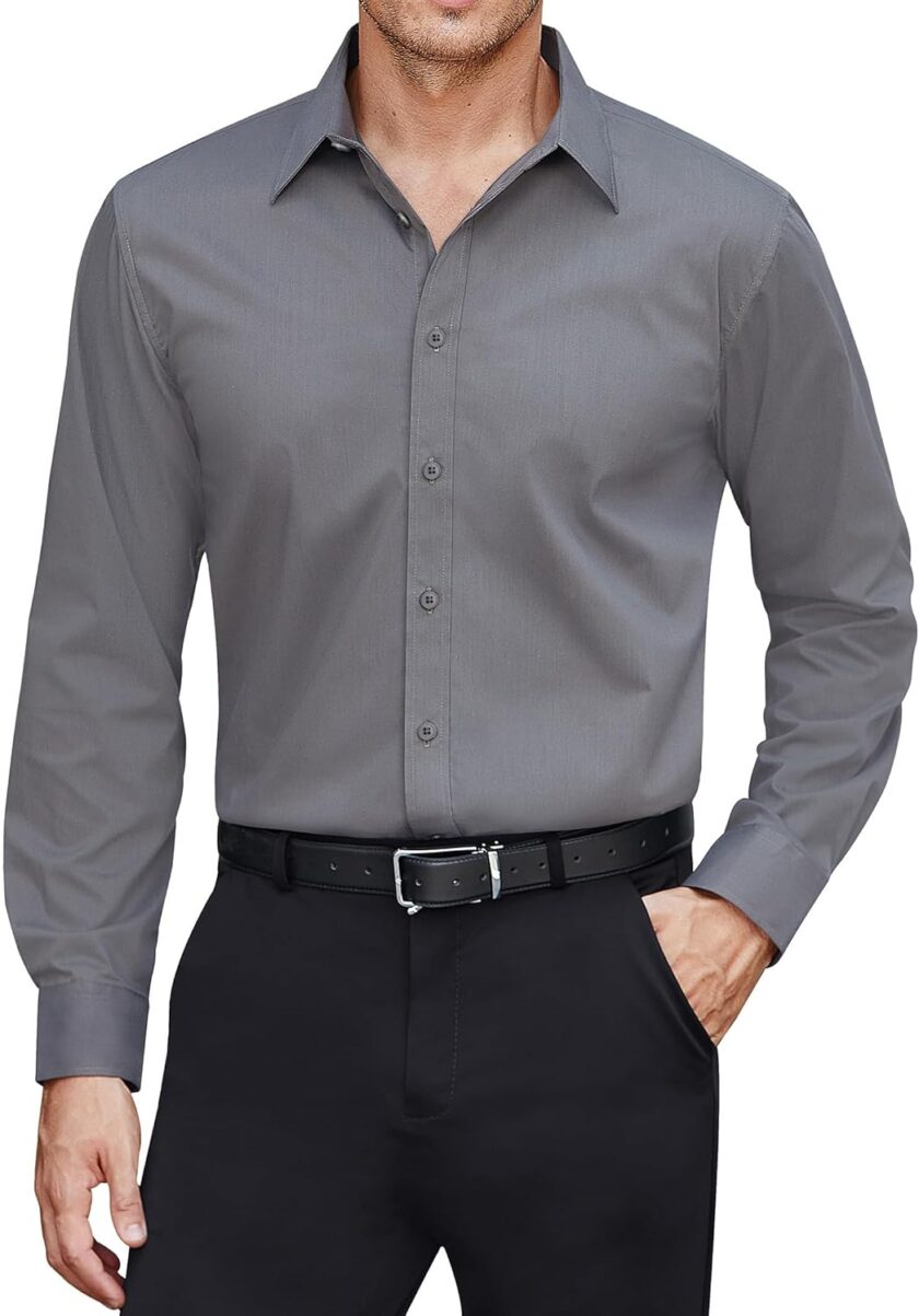 Men Dress Shirts Stretch Stain Shield Long Sleeve Solid Formal Shirt Business Casual Button Down Shirts