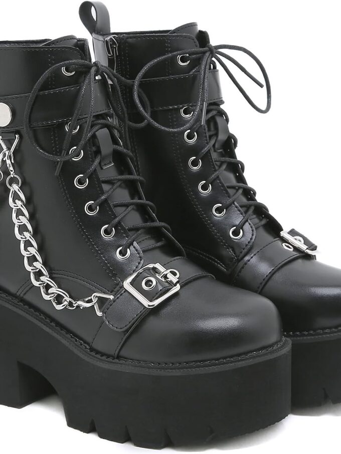 Women's Black Lace up Goth Platform Boots, Chunky Block Ankle Gothic Combat Boots,  Fashion Punk Boots Shoes