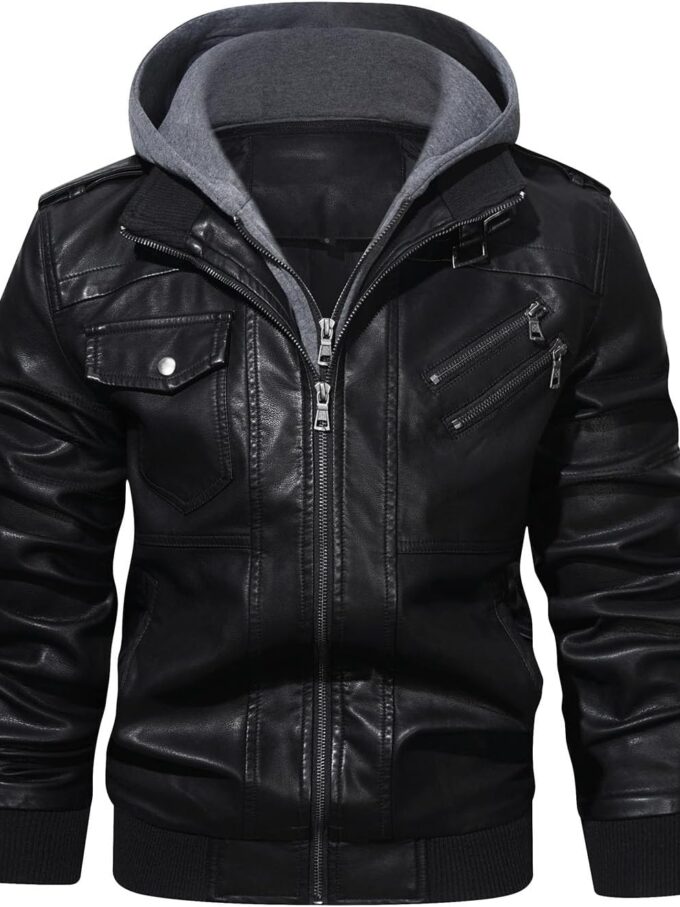 men Casual Stand Collar PU Faux Leather Zip-Up Motorcycle Bomber Jacket With a Removable Hood