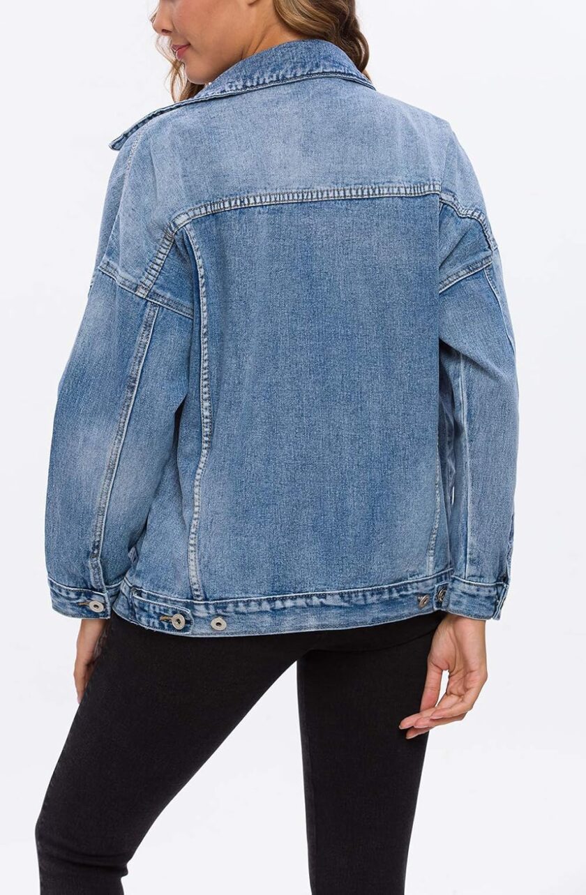 Women  Vintage Washed Denim Jacket Long Sleeve Classic Loose Jean Trucker Jacket D003 - Image 2