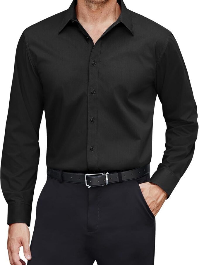 Men Dress Shirts Stretch Stain Shield Long Sleeve Solid Formal Shirt Business Casual Button Down Shirts