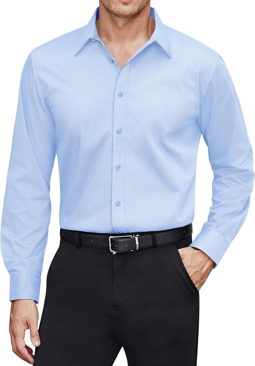 Men Dress Shirts Stretch Stain Shield Long Sleeve Solid Formal Shirt Business Casual Button Down Shirts