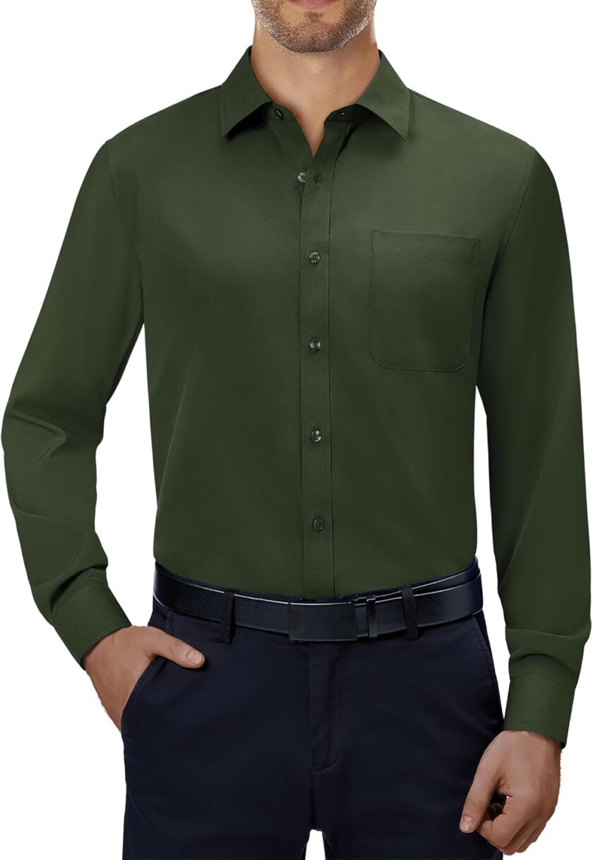 Men Dress Shirts 4-Way Stretch Long Sleeve Collared Casual Solid Wedding Dating Button Down Shirt