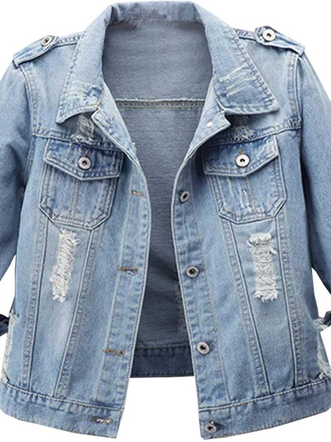 Women Autumn 3/4 Sleeve Retro Short Denim Jackets Light Blue Jean Coats