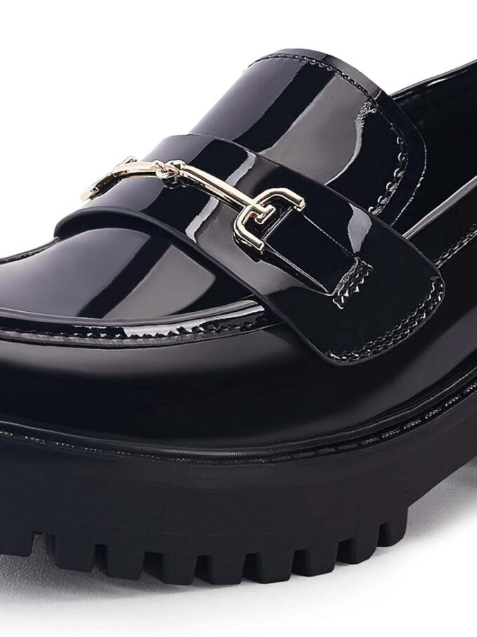Women's Lug Sole Platform Mid Chunky Heel Loafers Classic Round Toe Slip On Office Uniform Oxfords Shoes with Metal Chain