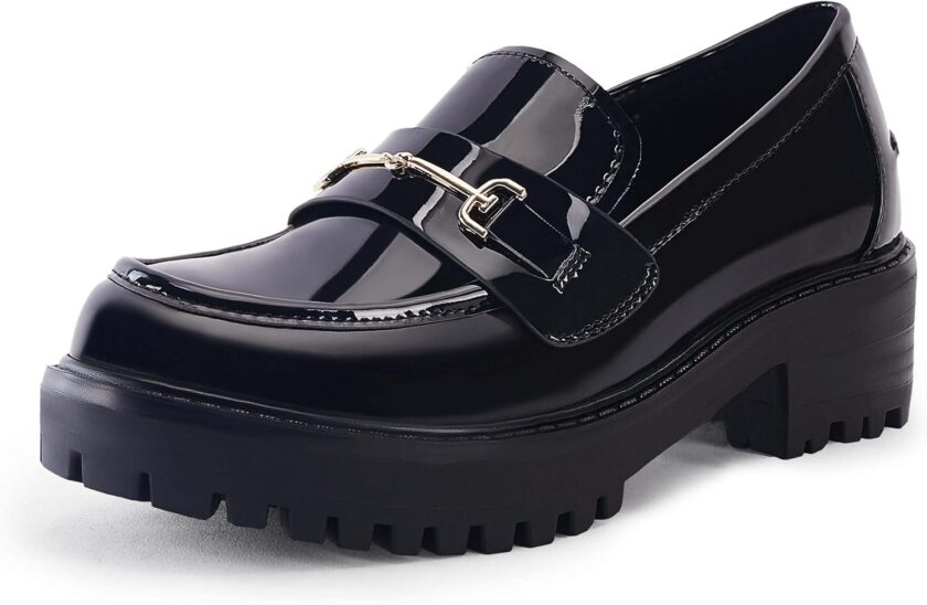 Women's Lug Sole Platform Mid Chunky Heel Loafers Classic Round Toe Slip On Office Uniform Oxfords Shoes with Metal Chain