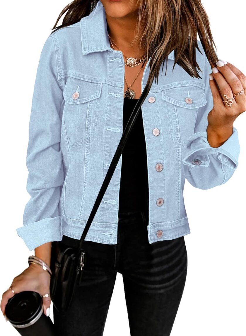 Women Basic Button Down Long Sleeve Stretchy Jean Trucker Denim Jacket
