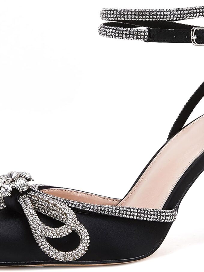 Women Double Bow Pointed Toe Ankle Strap Crystal Pumps Wedding Bridal Party Stilettos Backless Satin Heeled Sandals