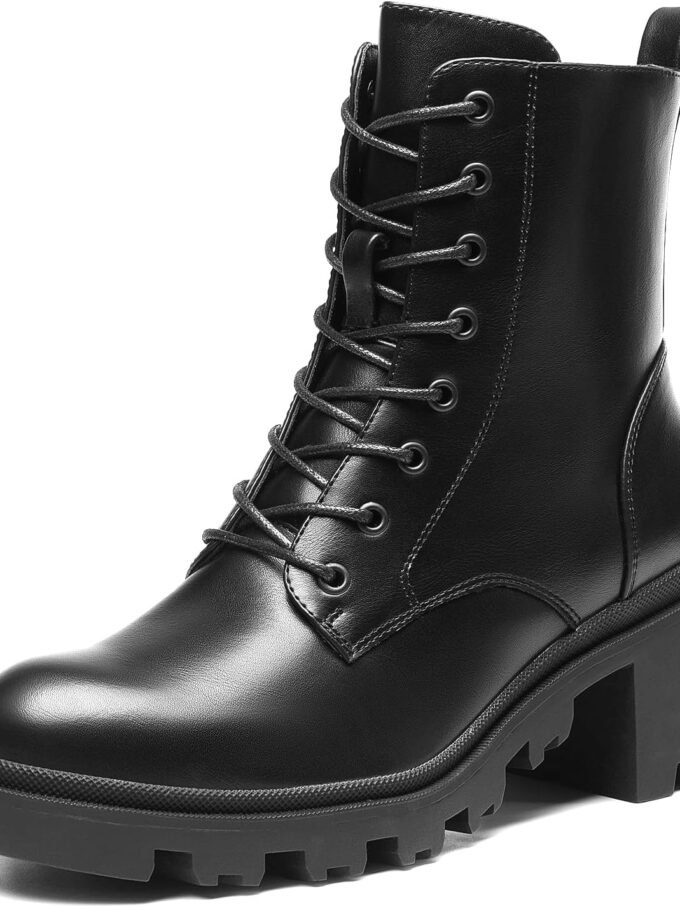 Women's Lace Up Combat Ankle Boots Fashion Low Chunky Heel Lug Sole Fall Heeled Booties Shoes