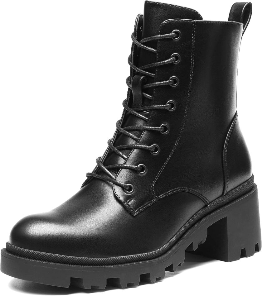 Women's Lace Up Combat Ankle Boots Fashion Low Chunky Heel Lug Sole Fall Heeled Booties Shoes