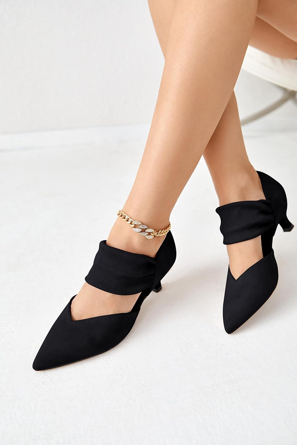 Women Low Kitten Heel Dress Shoes Pointed Toe Slip on Ankle Strap Cutout Elegant Party Wedding Pumps - Image 2
