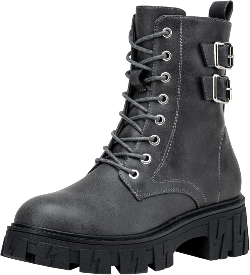Women's Combat Boots, Platform Ankle Booties Lace up Chunky Heel with Inner Zipper