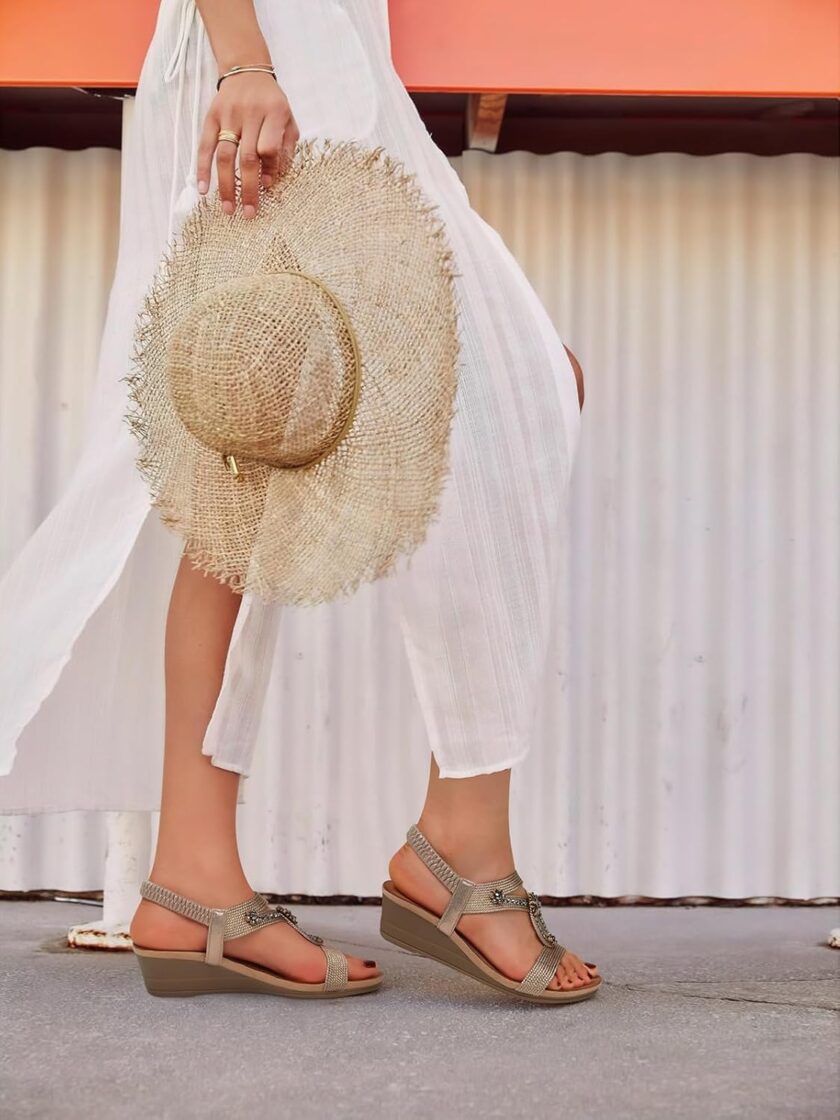 Women Wedge Sandals Flower Low Heel Dressy Sandals Elastic Ankle Strap Rhinestone Summer Comfortable Shoe - Image 2