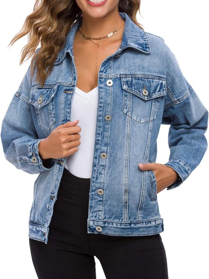 Women  Vintage Washed Denim Jacket Long Sleeve Classic Loose Jean Trucker Jacket D003