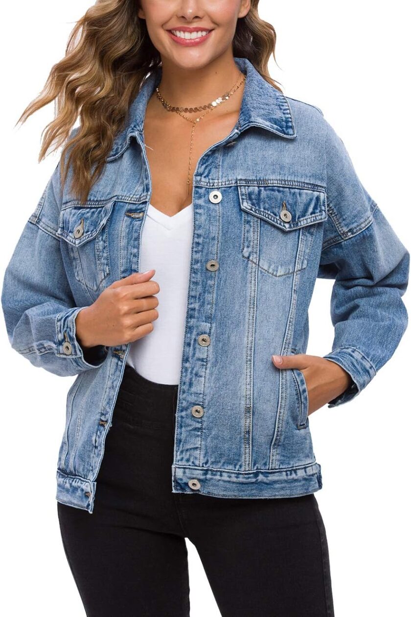 Women  Vintage Washed Denim Jacket Long Sleeve Classic Loose Jean Trucker Jacket D003