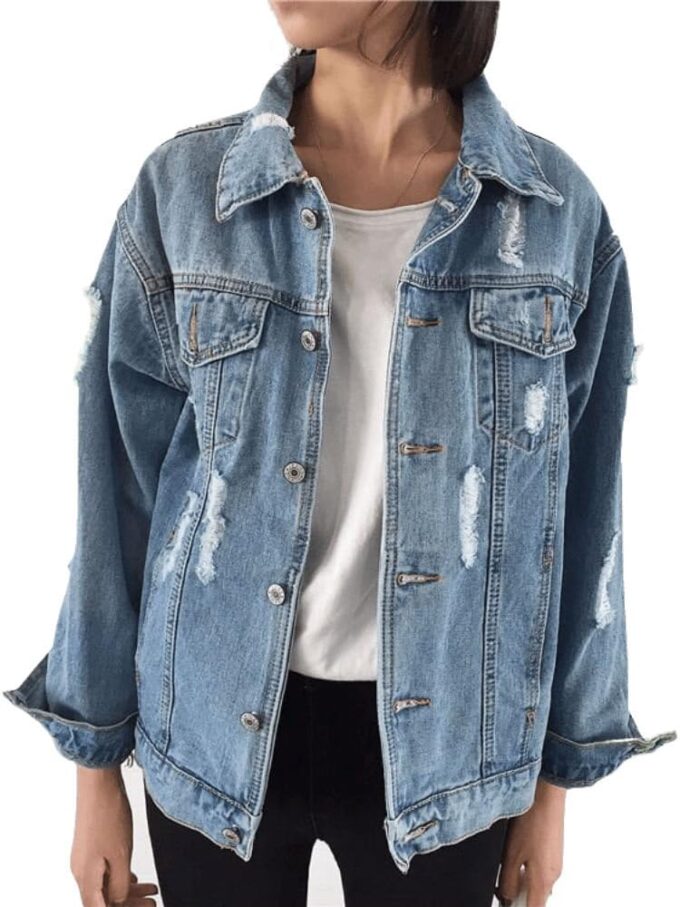 d Denim Jacket for Women  Long Sleeve Boyfriend Jean Jacket Loose Coat