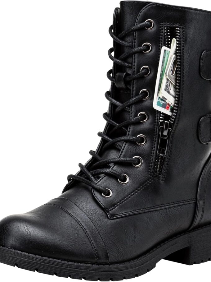 Women's 928 Combat Boots Low Heel, Mid Calf Military Boots with Card Knife Wallet Pocket