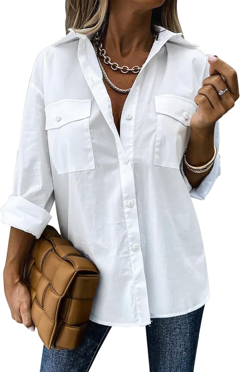 Women Button Down Shirts Casual Long Sleeve Drop Shoulder Blouses Solid Color Dress Shirts with Pockets