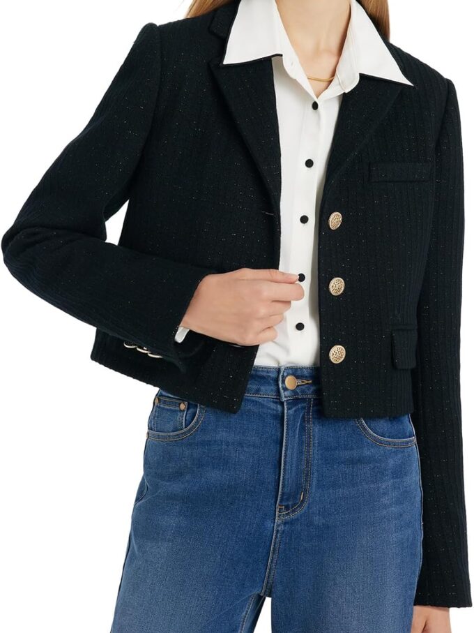 Wool Blend Tweed Blazers for Women Business Casual Knit Blazer Cropped Jacket for Women