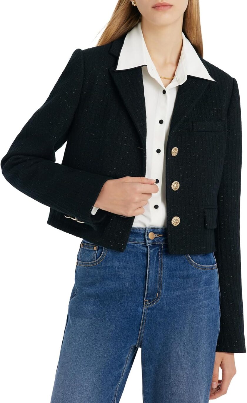 Wool Blend Tweed Blazers for Women Business Casual Knit Blazer Cropped Jacket for Women