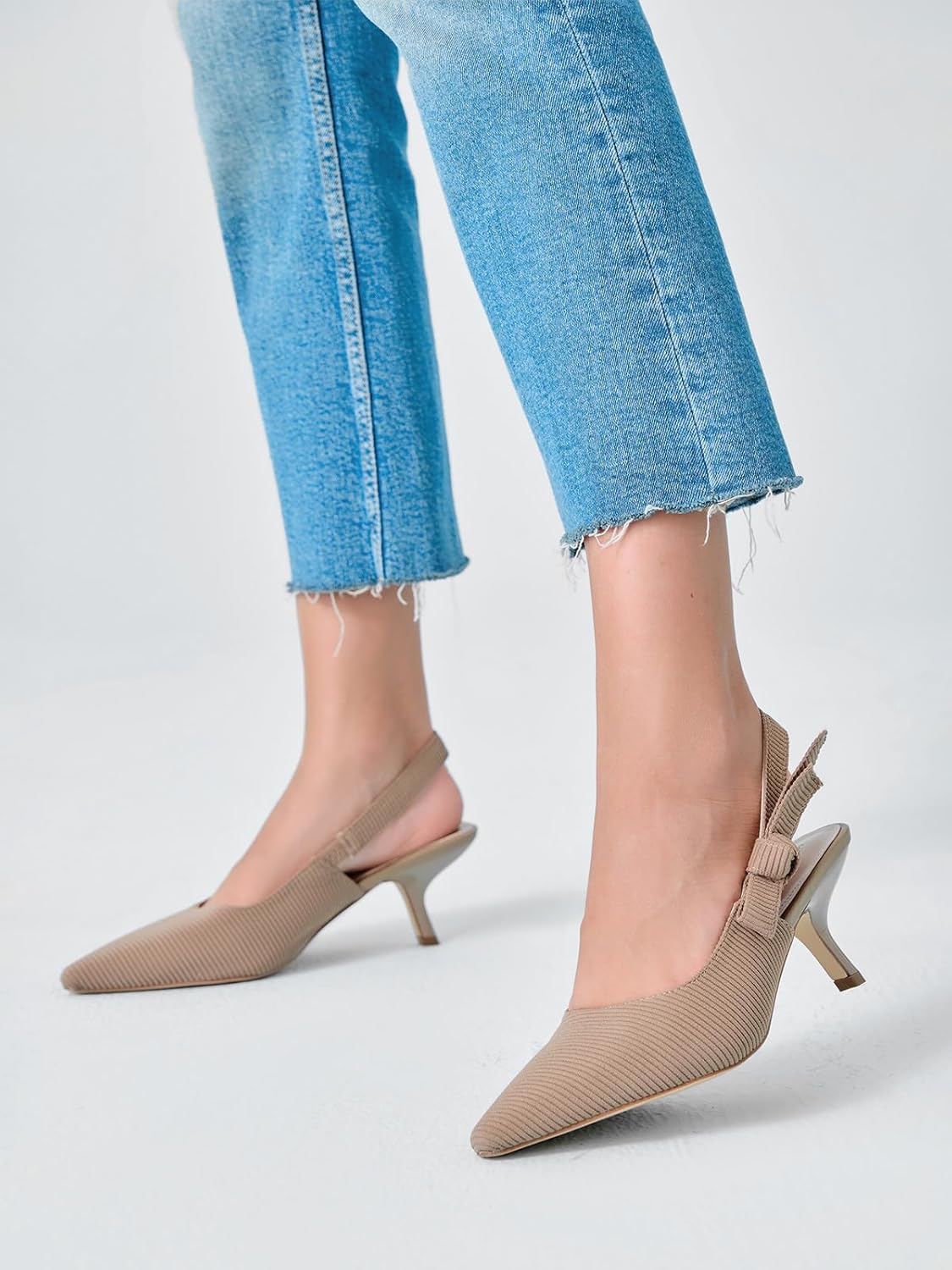 Women Slingback Kitten Heels Closed Pointed Toe Bowknot Knitted Slip On Work Pumps Dress Shoes - Image 2