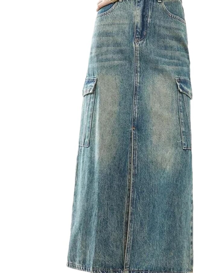 Women Vintage High Waist Cotton Jean Maxi Skirt Spring Casual Straight Split Denim Long Skirt