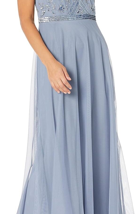 Women Sleeveless Illusion Neck Floral Beaded Long Fit and Flare Dress