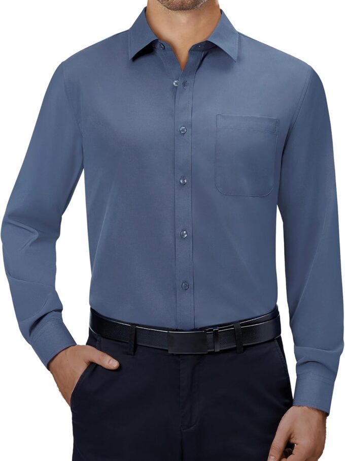 Men Dress Shirts 4-Way Stretch Long Sleeve Collared Casual Solid Wedding Dating Button Down Shirt