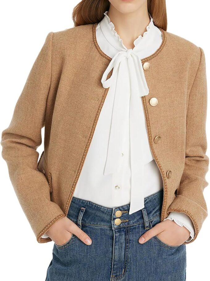 Wool Blend Tweed Blazers for Women Business Casual Knit Blazer Cropped Jacket for Women