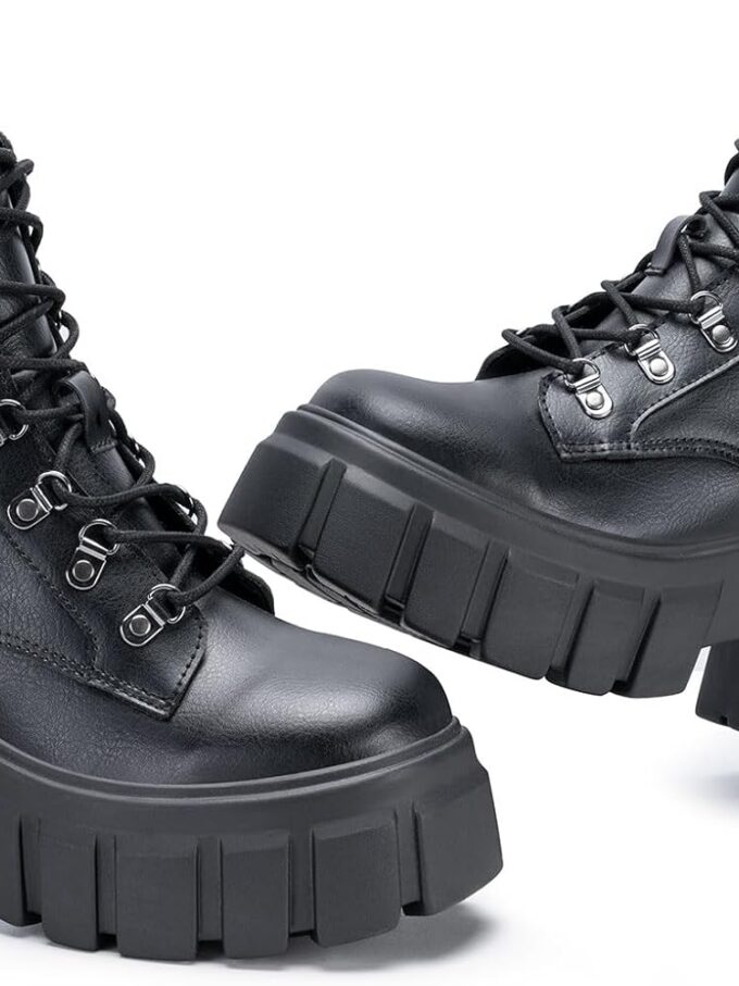 Women’s Combat Boots Lightweight Lace up Side Zipper Ankle Botas High Heel Chunky Platform Lug Sole Booties Size 6-11