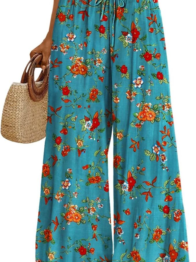 Women Summer Boho Palazzo Pants High Waist Wide Leg Floral Casual Cotton Lounge Trousers with Pockets PP0