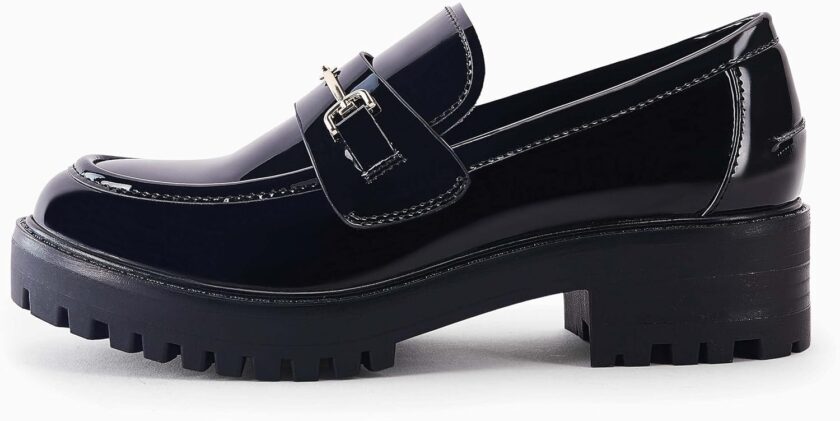 Women's Lug Sole Platform Mid Chunky Heel Loafers Classic Round Toe Slip On Office Uniform Oxfords Shoes with Metal Chain - Image 2