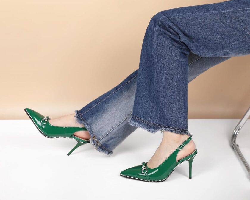 Women Beaded Pumps Slingback High Heel Stilettos Pointed Toe Shoes Slip On 3.5 Inch Ankle Strap Adjustable Patent Leather US Size 5-13 - Image 2