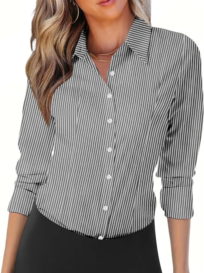 Women Button Down Shirts Long Sleeve V Neck Tops Wrinkle Free Collared Work Office Solid Blouses Corset Tops