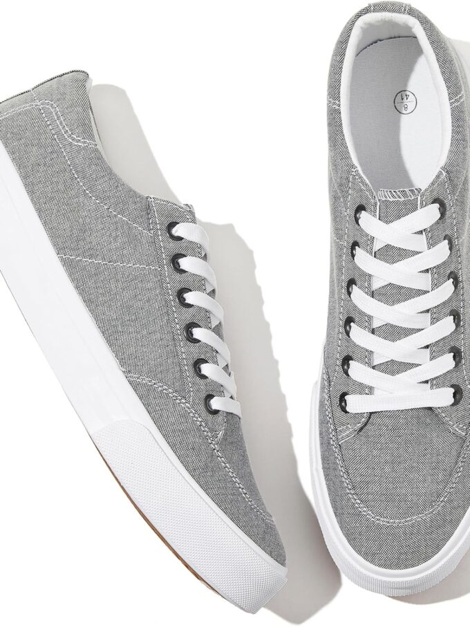 Men's Canvas White Black Sneakers Shoes Low Top Lace Up Casual Walking Shoes Sneakers