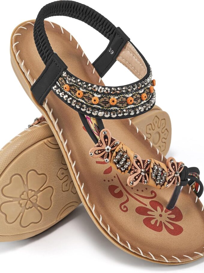 Women Sandals Flats Shoes: Comfortable Bohemian Beaded Dressy Summer Flat Casual Ankle Strap Elastic Slip on Beach Sandal