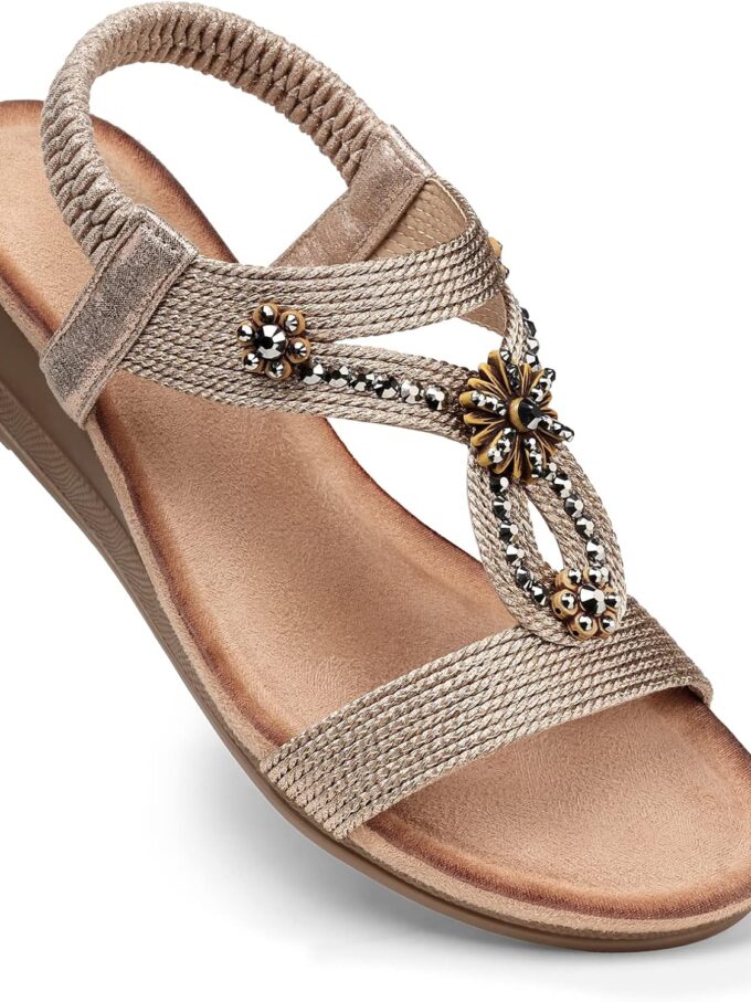 Women Wedge Sandals Flower Low Heel Dressy Sandals Elastic Ankle Strap Rhinestone Summer Comfortable Shoe