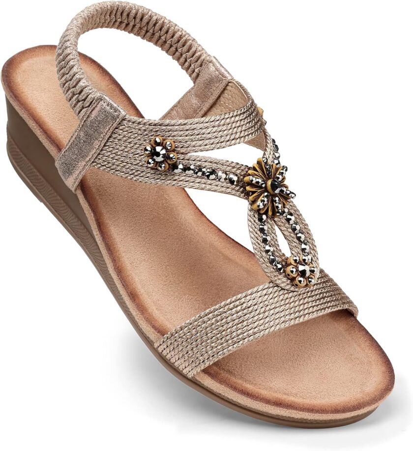 Women Wedge Sandals Flower Low Heel Dressy Sandals Elastic Ankle Strap Rhinestone Summer Comfortable Shoe